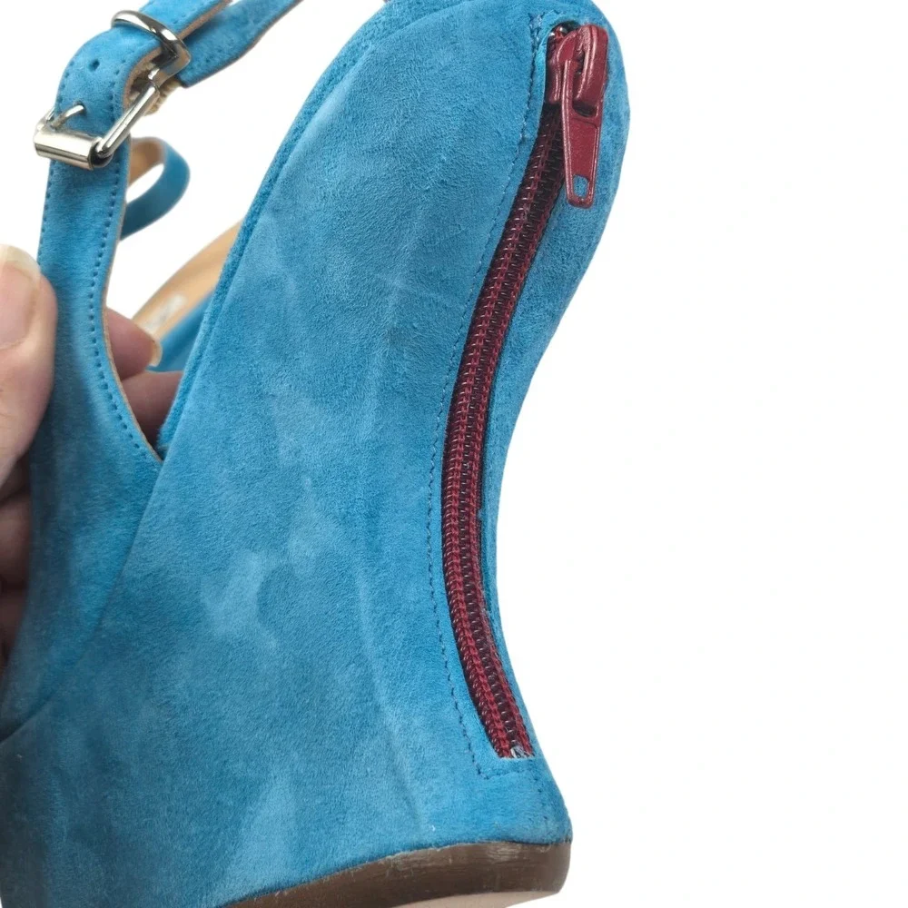 Luxury Turquoise Suede Peep-toe Platform Slingback Wedge Sandal Size 38 NIB $458